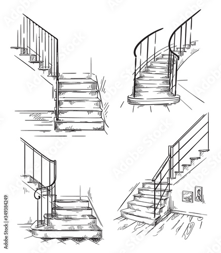 set of vector hand drawn staircases, interior design element.