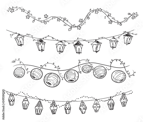 set of decorative light garlands, party decoration vector line art