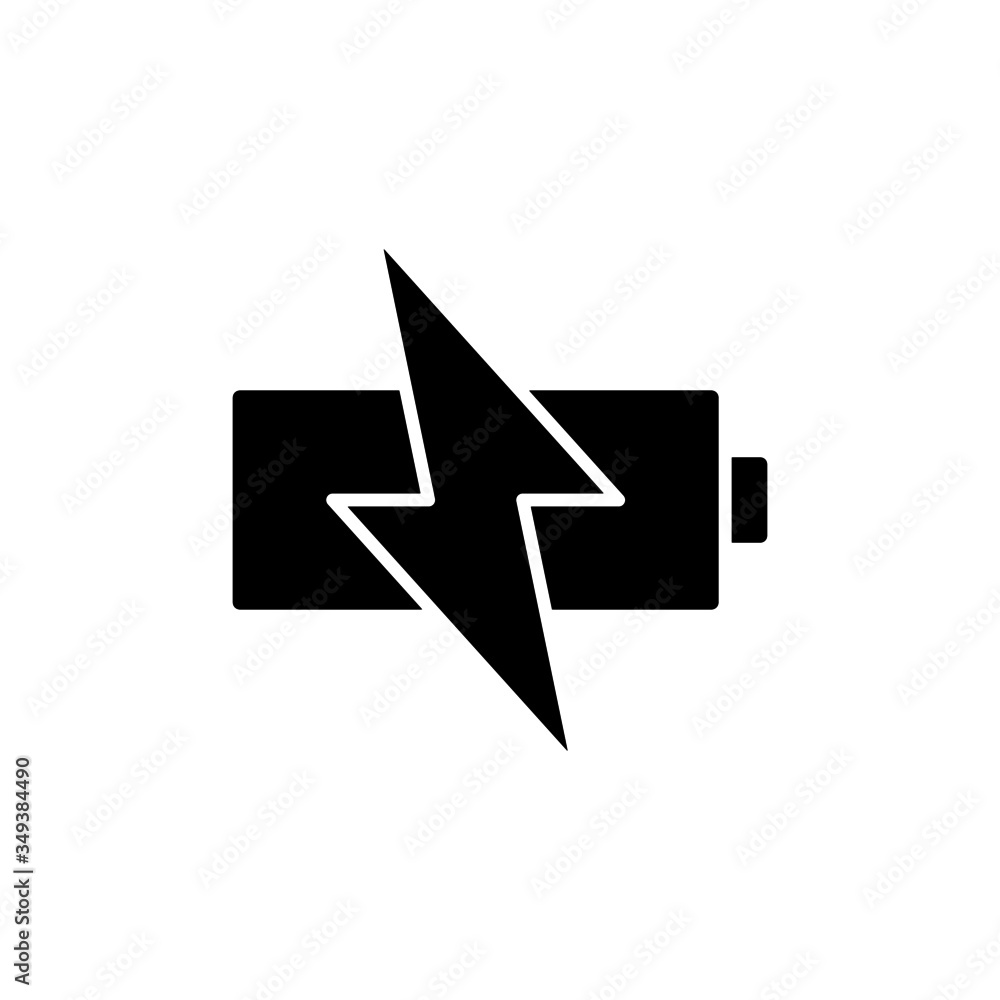 Charging Battery Icon. Battery icon in black flat design on white background Charging Battery Icon. Battery icon in black flat design on white background