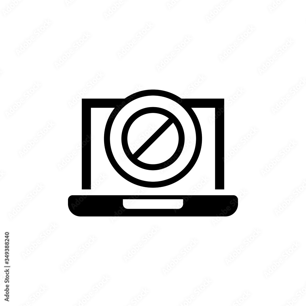 Laptop icon with not allowed sign in black flat on white background, Notebook icon and block, forbidden, prohibit symbol Laptop icon with not allowed sign in black flat on white background, Notebook icon and block, forbidden, prohibit symbol