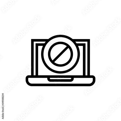 Laptop icon with not allowed sign in lineart style on white background, Notebook icon and block, forbidden, prohibit symbol 