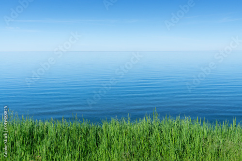 Calm lake with some green grass in the foreground. Clear sky and blue water in the background.  