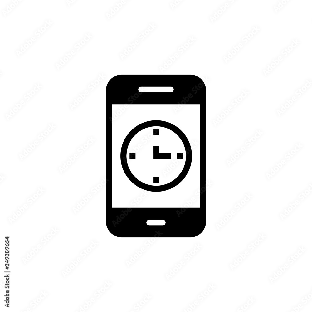 Smartphone or phone receiving message icon with clock sign, countdown, deadline, schedule, planning symbol in black flat design on white background, Smartphone or phone receiving message icon with clock sign, countdown, deadline, schedule, planning symbol in black flat design on white background,