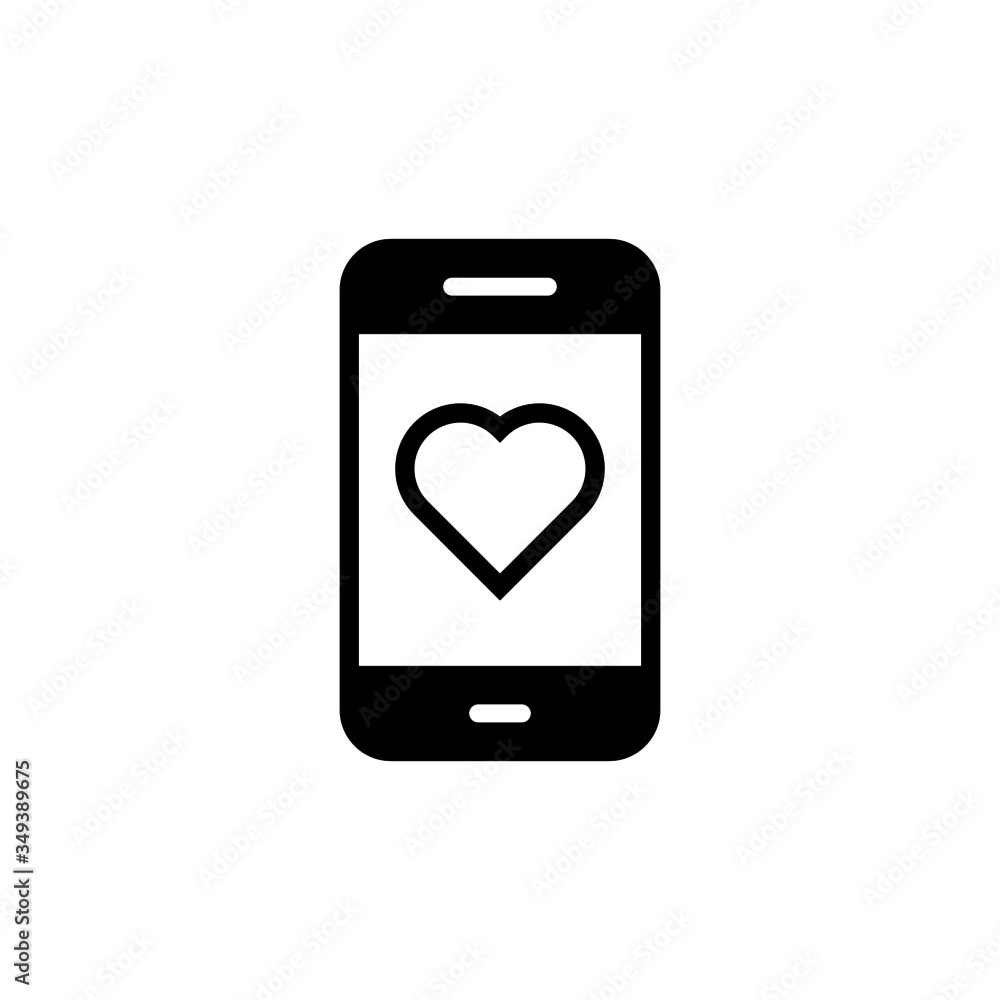 Smartphone or phone receiving message icon with heart sign, favorite, like, love, care symbol in black flat designe on white background, Smartphone or phone receiving message icon with heart sign, favorite, like, love, care symbol in black flat designe on white background,