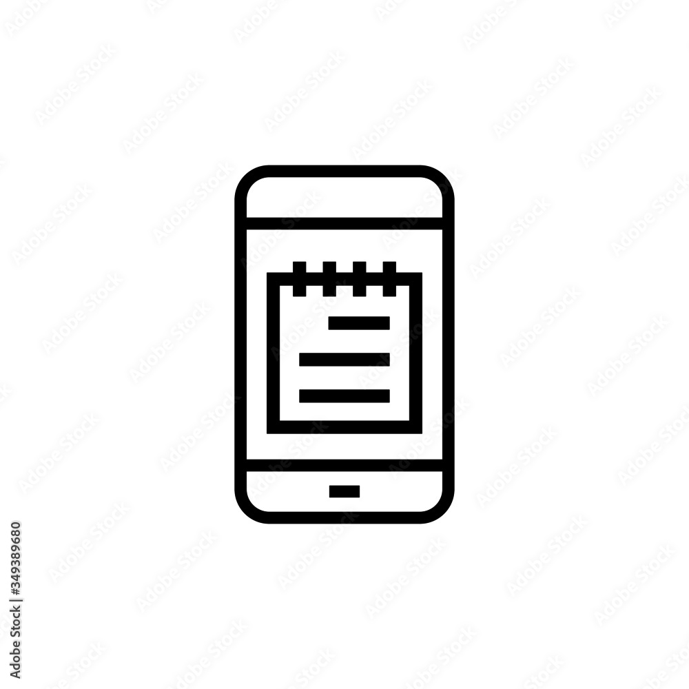 Mobile notes line icon, E-learning linear style sign for mobile concept and web design, Smartphone with notebook outline vector icon in outline style on white background, Mobile notes line icon, E-learning linear style sign for mobile concept and web design, Smartphone with notebook outline vector icon in outline style on white background,
