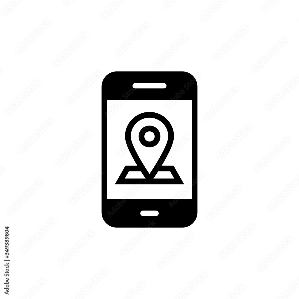 Smartphone with location pin icon in black flat design on white background, Mobile phone GPS navigation symbol, logo illustration, Editable stroke Smartphone with location pin icon in black flat design on white background, Mobile phone GPS navigation symbol, logo illustration, Editable stroke