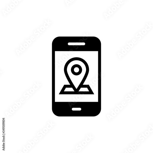 Smartphone with location pin icon in black flat design on white background, Mobile phone GPS navigation symbol, logo illustration, Editable stroke