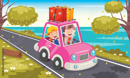 Cartoon Characters Travelling With Vehicle 