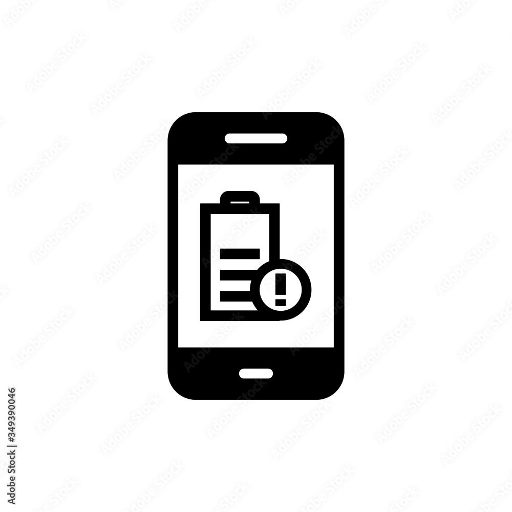 Phone battery low alert icon in black flat design on white background, linear style sign for mobile concept and web design, Smartphone battery warning sign vector icon, Symbol, logo illustration, Vec Phone battery low alert icon in black flat design on white background, linear style sign for mobile concept and web design, Smartphone battery warning sign vector icon, Symbol, logo illustration, Vec