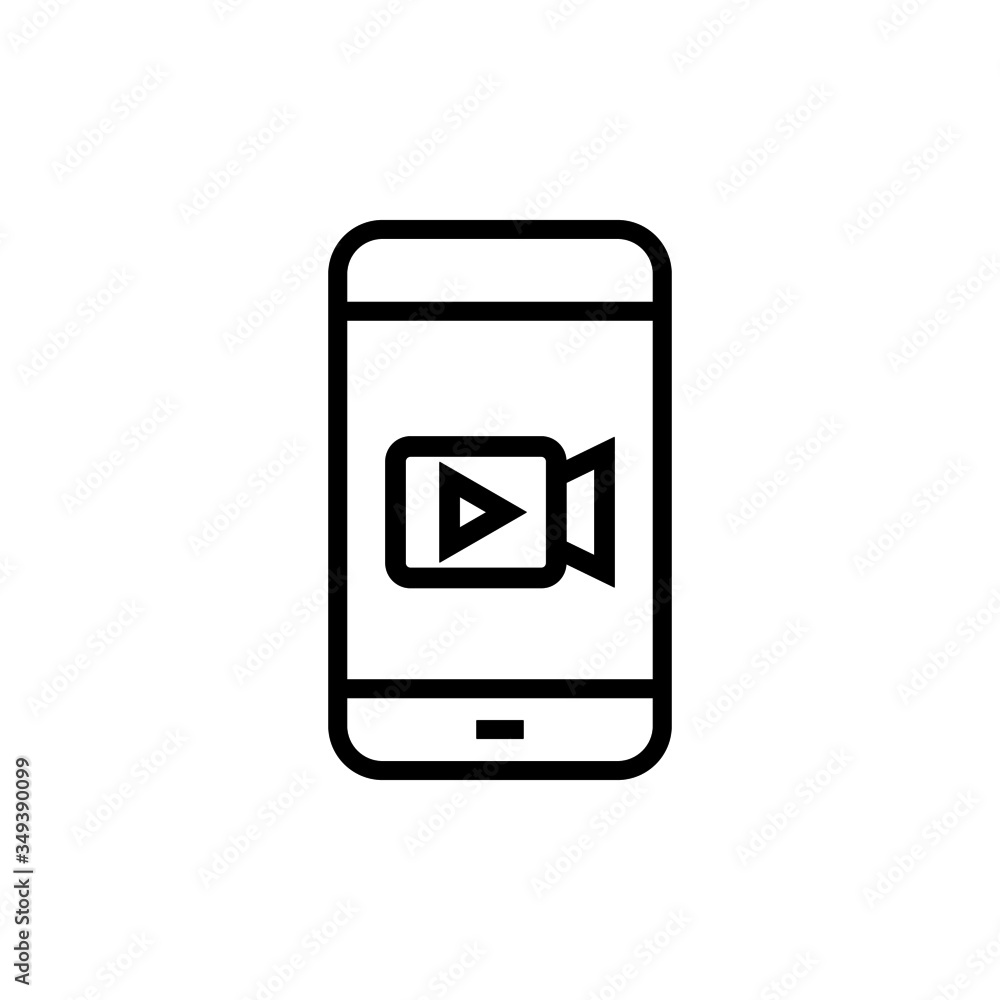 Smartphone video call icon in outline style on white background, linear style sign for mobile concept and web design, Mobile phone camera call outline vector icon, Symbol, logo illustration, Pixel per Smartphone video call icon in outline style on white background, linear style sign for mobile concept and web design, Mobile phone camera call outline vector icon, Symbol, logo illustration, Pixel per