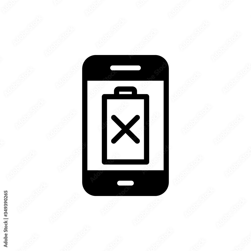 Damaged phone battery icon in black flat design on white background, Smartphone battery low outline vector icon, Symbol, logo illustration Damaged phone battery icon in black flat design on white background, Smartphone battery low outline vector icon, Symbol, logo illustration