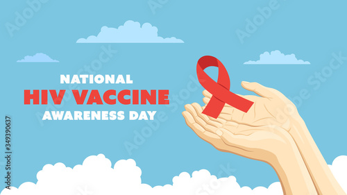 Detailed flat vector illustration of two hands holding a red ribbon representing the HIV and AIDS awareness. Feel free to use only parts of the illustration too.