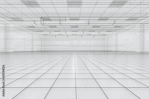 Capacious empty room with sketch drafting, business background, 3d rendering.