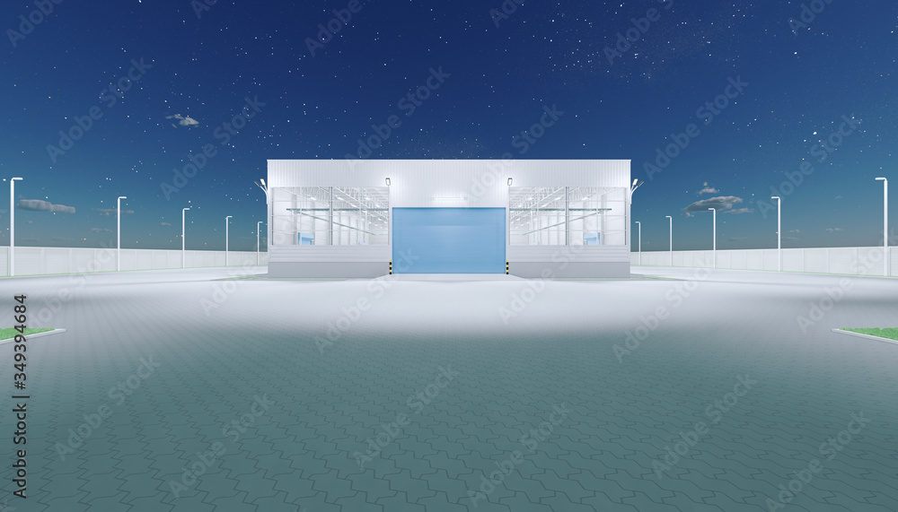 Commercial or industrial facade. That is a property use as factory, warehouse, hangar or workplace. Modern exterior design with roller door and metal wall. Stone brick paving at outdoor. 3d render. Commercial or industrial facade. That is a property use as factory, warehouse, hangar or workplace. Modern exterior design with roller door and metal wall. Stone brick paving at outdoor. 3d render.