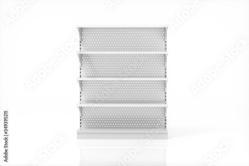 Empty supermarket shelves with white background, 3d rendering.