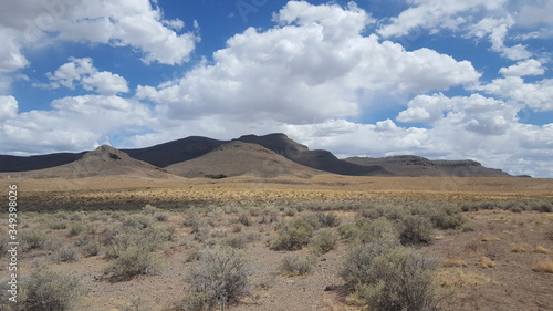 mountain landscape with blue sky and wild horses