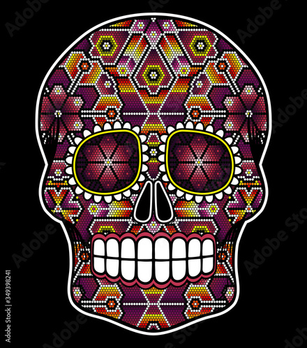 vector illustration of colorful beaded skull inspired in mexican huichol art and traditional sugar skull from Mexico. Popular symbol of "dia de muertos". Isolated on black background