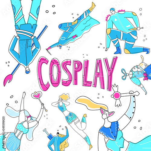 Vector flat illustration set of disguised superheroes on background lettering cosplay. Concept costume games, fan clubs, masquerades. You can use it in posters, banners, signboard, etc.