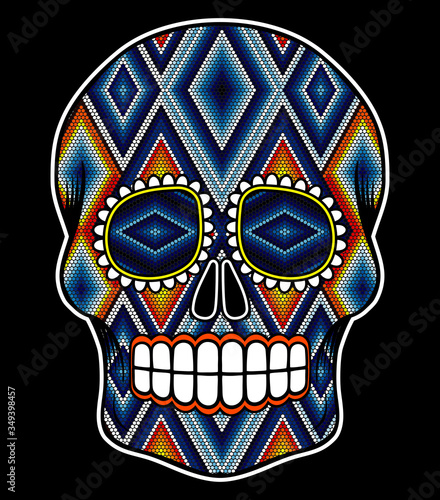 vector illustration of colorful beaded skull inspired in mexican huichol art and traditional sugar skull from Mexico. Popular symbol of "dia de muertos". Isolated on black background