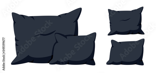 Pillows black, flat cartoon set. Home interior textile. Soft stylish square pillows mockup template, for bed, sofa. Feather, bamboo eco fabric. Dark cushion. Vector illustration