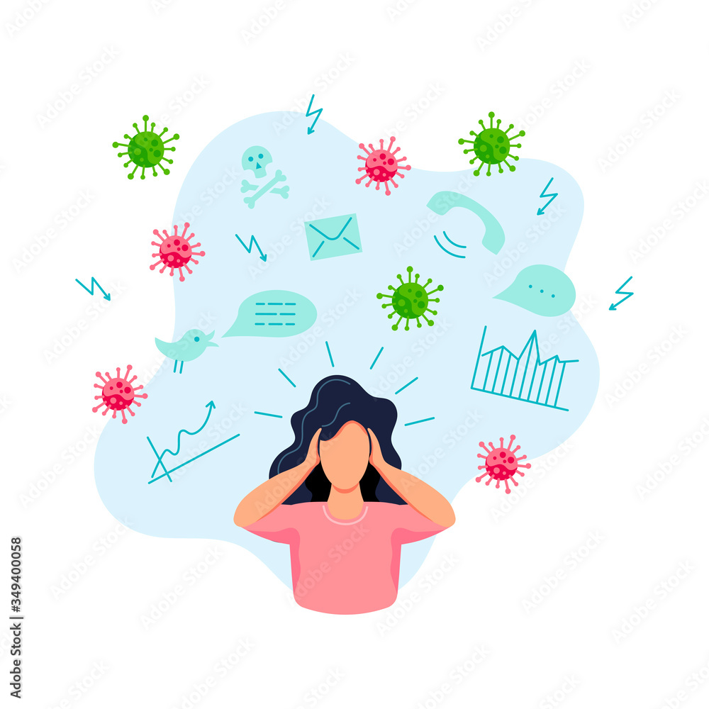 Female get too much information. Flat cartoon style design vector ...