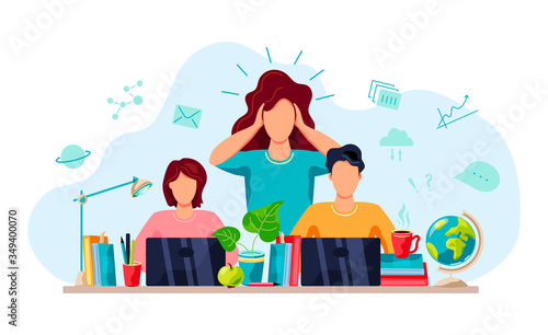 Home learning, home schooling concept. Mother is tired to help students doing homework. Vector illustration isolated on white background. Flat cartoon style design.