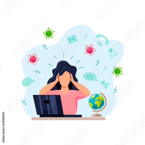Female get too much information. Place for text. Flat cartoon style design vector illustration.