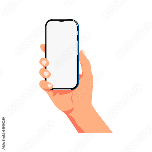Hand holds smartphone. Flat style design vector illustration isolated on white background.