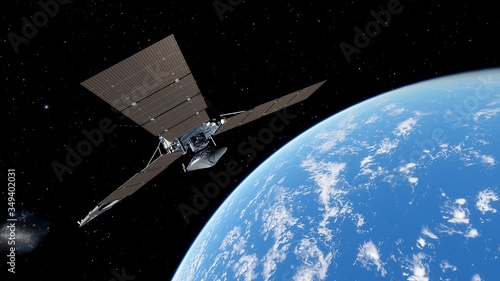 realistic satellite in orbit of the Earth, artificial satellite of telecommunications, satellite communications from Earth orbit, probe in Earth orbit 3d render