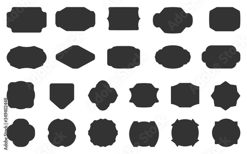 Black glyph label retro vintage set. Different shape empty silhouette tag menu sale price. Blank template for card text banner, wedding invitation. Classic simple sticker, isolated vector illustration