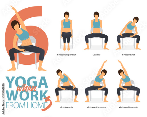 Infographic of 6 Yoga poses for office syndrome when working at home in flat design. Beauty woman is exercise for strength on office chair. Set of yoga postures infographic . Flat character vector.