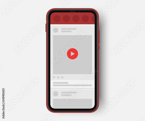 video sharing socail media post in light theme. cellphone mockup. red play button,
