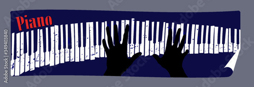 Silhouetted hands play music on a grunge covered piano keyboard in this vector illustration about pianos. 