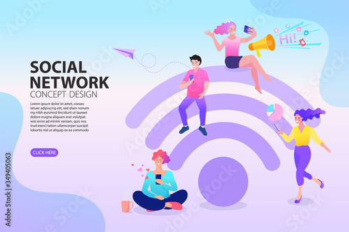 People sitting on a big wifi sign. People in free internet zone using mobile gadgets. Vector illustration in flat style