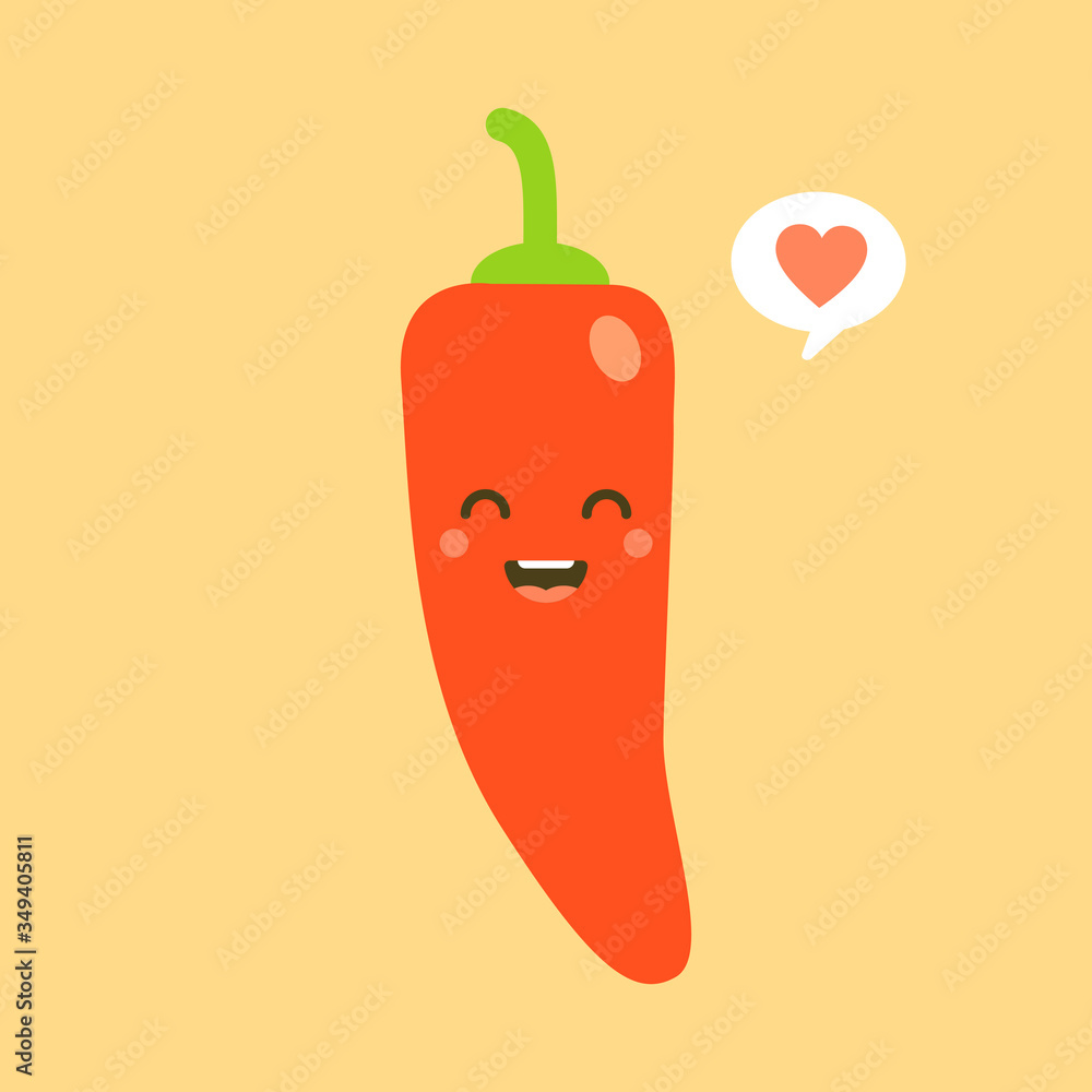 Funny red character pepper. Spicy chili in style of kawaii, with eyes, smile and rosy cheeks. Decorative design element. Useful vegetable for healthy lifestyle. Flat vector. Funny red character pepper. Spicy chili in style of kawaii, with eyes, smile and rosy cheeks. Decorative design element. Useful vegetable for healthy lifestyle. Flat vector.