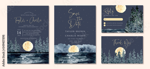 wedding invitation set with full moon and seascape watercolor