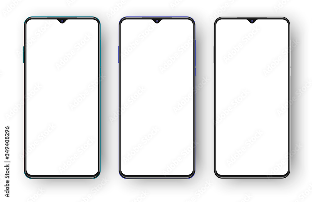 set of three different colored phones with selfie cameras. modern realistic 3d smartphones mockup, set of three different colored phones with selfie cameras. modern realistic 3d smartphones mockup,