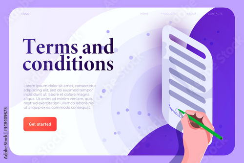 terms and conditions, terms of use legal agreement illusrtation concept. Signing hand