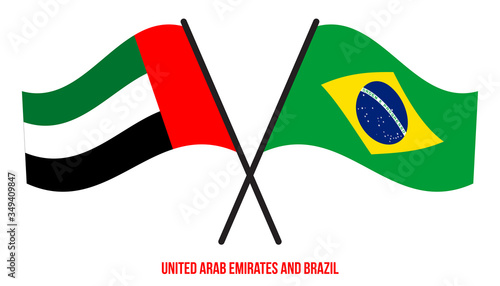United Arab Emirates and Brazil Flags Crossed And Waving Flat Style. Official Proportion