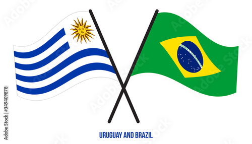Uruguay and Brazil Flags Crossed And Waving Flat Style. Official Proportion. Correct Colors