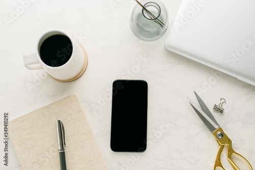 Minimal Lifestyle Workspace Flatlay with Notebook, Coffee, Pen, Vase