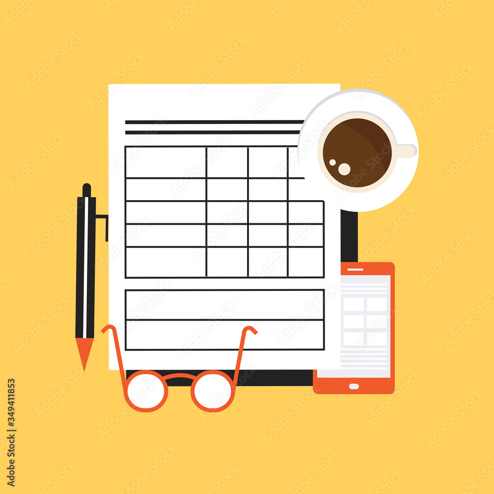 Working desk table flat lay top view with education or study objects and paper sheet page vector