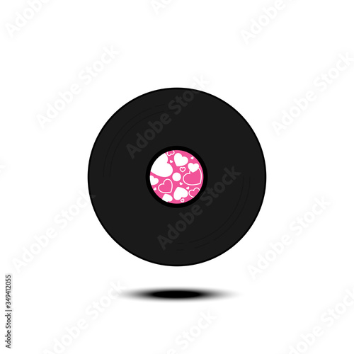 Vinyl LP record with heart shape label. Black musical long play album disc. Vector design isolated on white background.