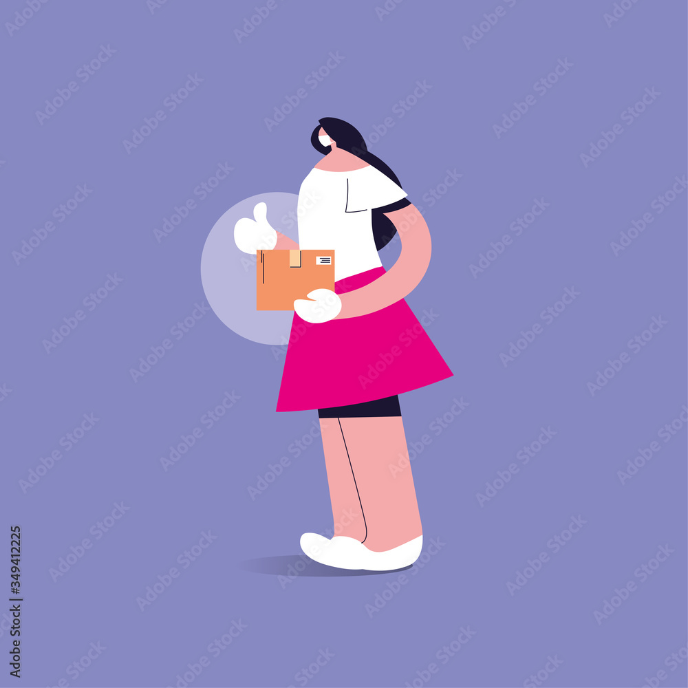 woman with face mask holds a cardboard box woman with face mask holds a cardboard box