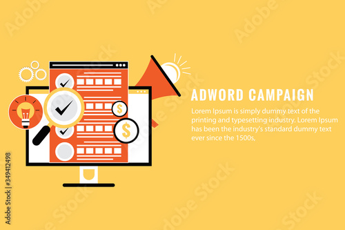Flat vector concept for Adword campaign, Search marketing, PPC advertising banner with icons and texts