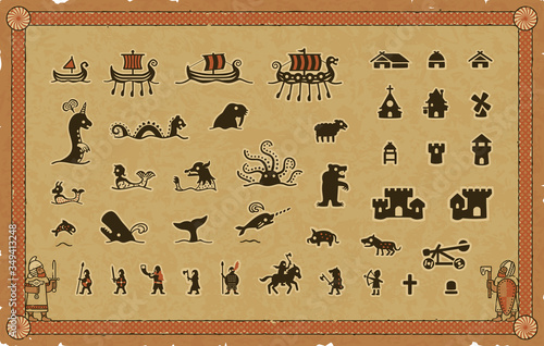 Viking frame and Medieval Norse icons with an ornate frame and a parchment background.