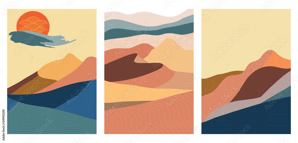Abstract mountain landscape on set. Geometric landscape background in asian japanese style. vector illustration