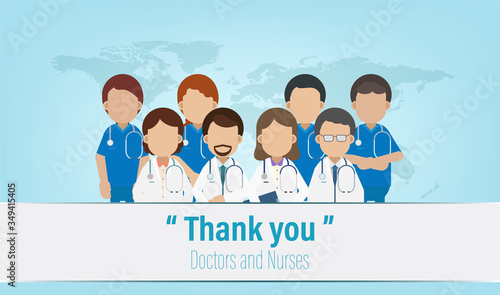 Thank you label with set of doctor and nurses flat design vector illustration