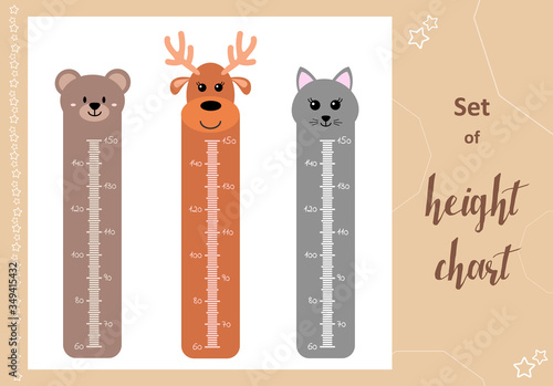 Kids space height chart. Cute wall meter with funny animals. Vector template. Cartoon zoo. Design of children's products in scandinavian style.