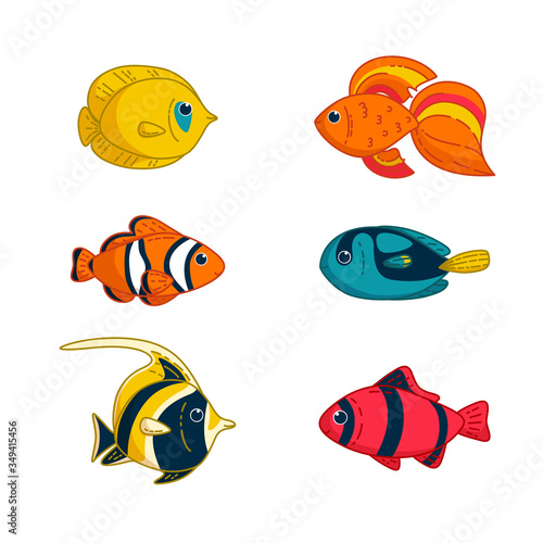 Set of tropical fishes. Clownfish, goldfish, butterflyfish an others. Vector illustration in cartoon style